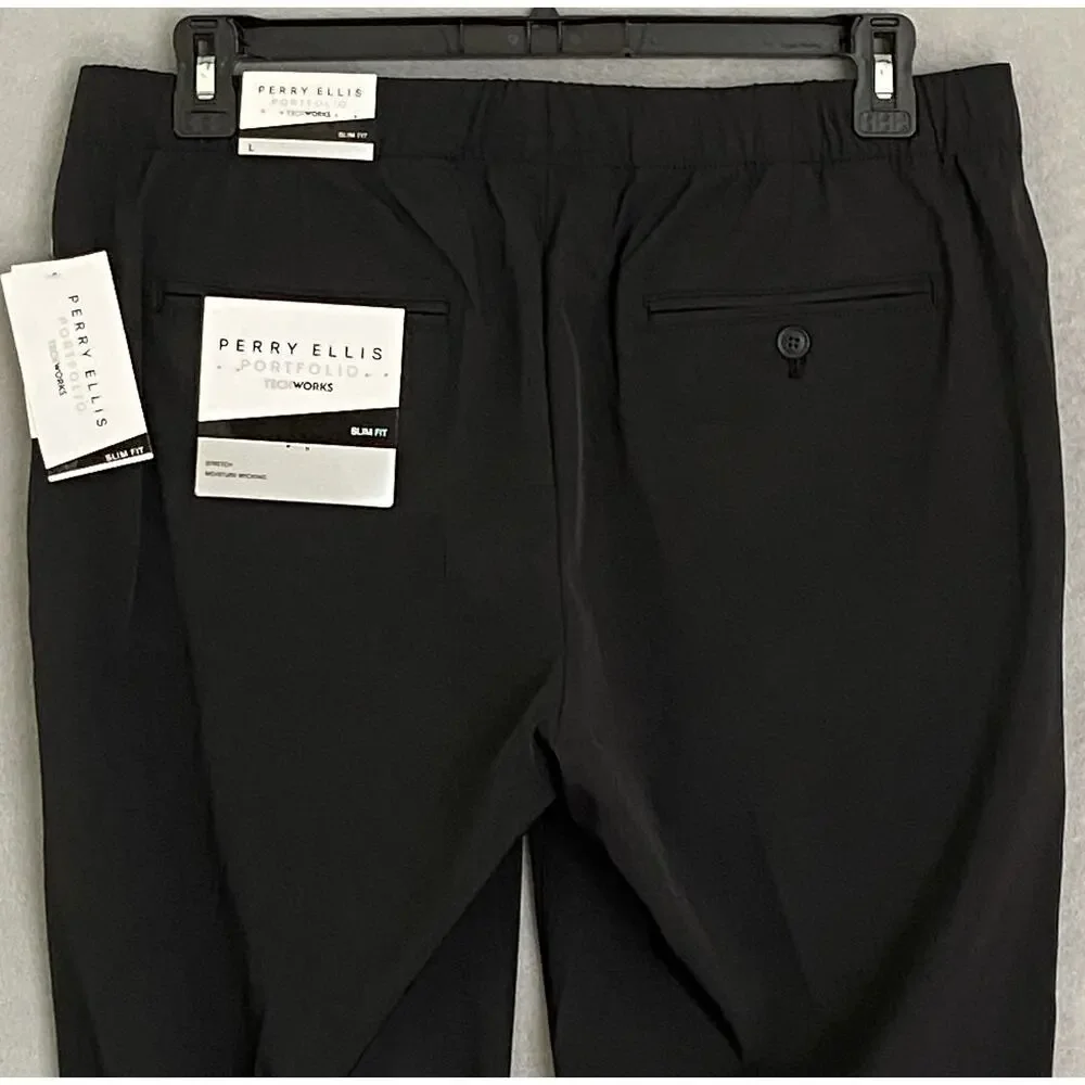 Perry Ellis Men's Large Techworks Pant Slim Fit Stretch Drawstring Black NEW